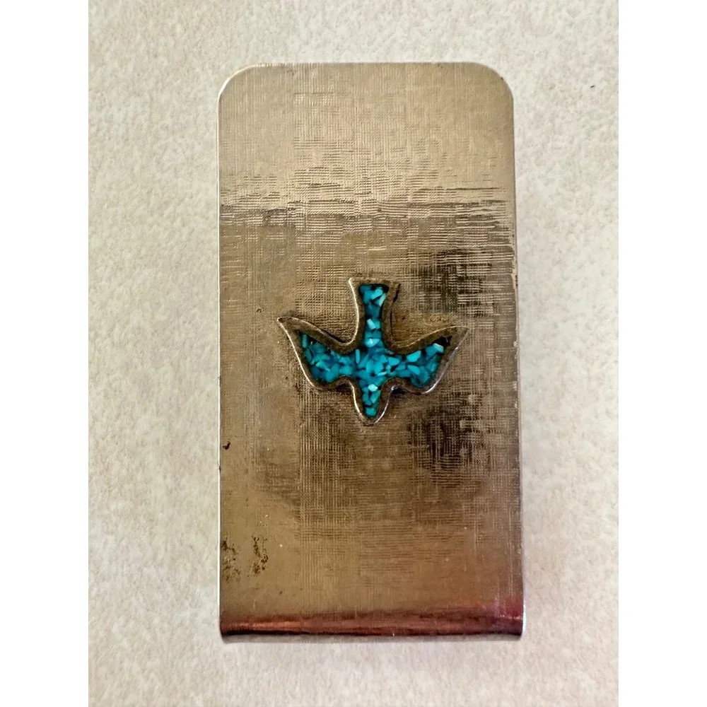 Stainless steel sterling silver turquoise chip inlay Peyote bird money clip